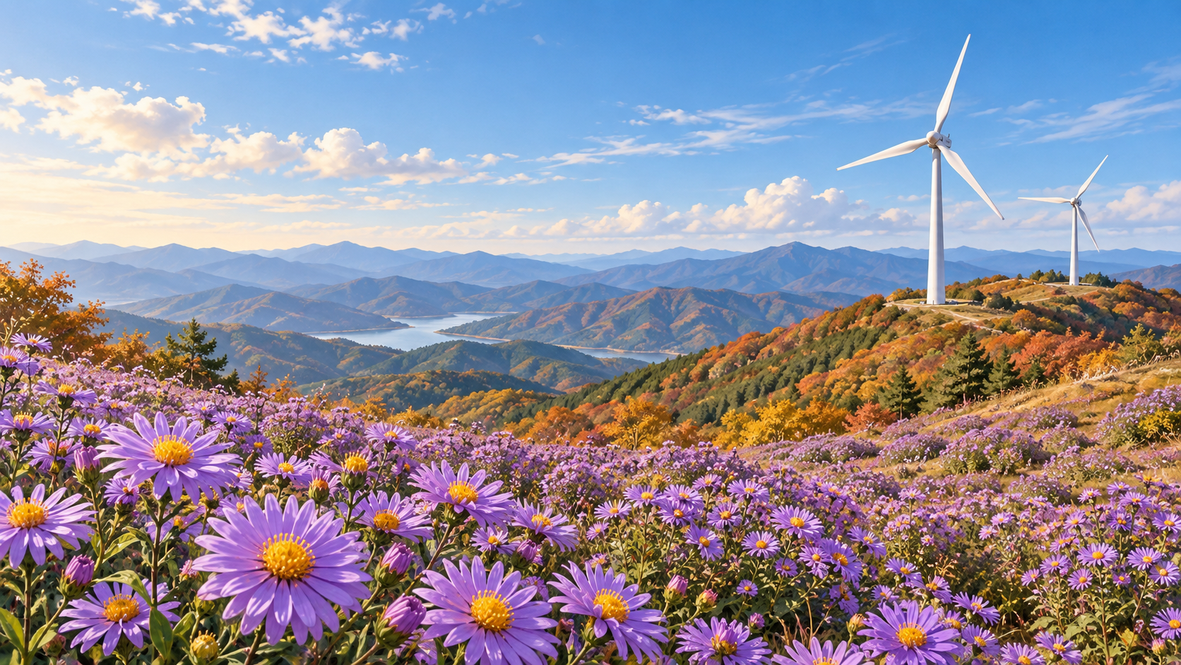 보라색 아스타국화와 산 능선, 흰 풍력발전기를 표현한 설명용 AI 일러스트