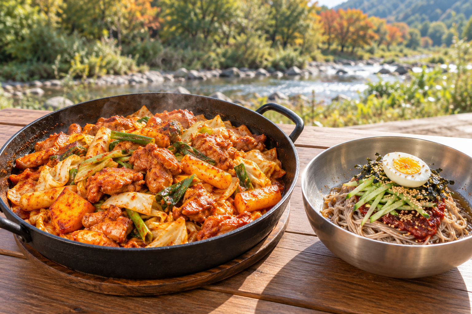 춘천막국수닭갈비축제 먹거리를 설명하기 위한 닭갈비와 막국수 AI 생성 이미지